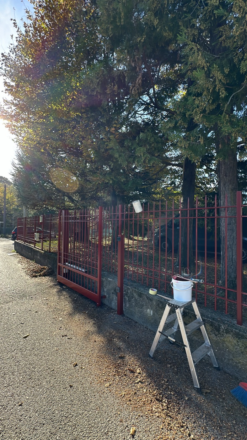 Cancello in ferro verniciato con scala e secchio di vernice